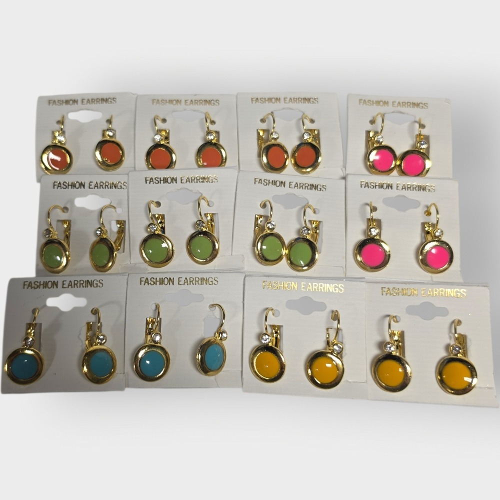 Lot‎ of 12 NEW VINTAGE Colorful Drop Earrings Gold Tone Round Korean Leverback